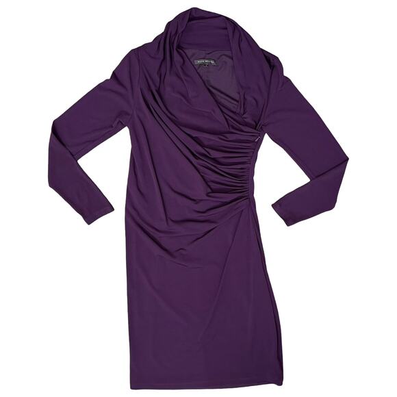 David Meister Ruched Asymmetrical Purple Faux Wrap Long Sleeve Sheath Dress sz 4 - Picture 2 of 12